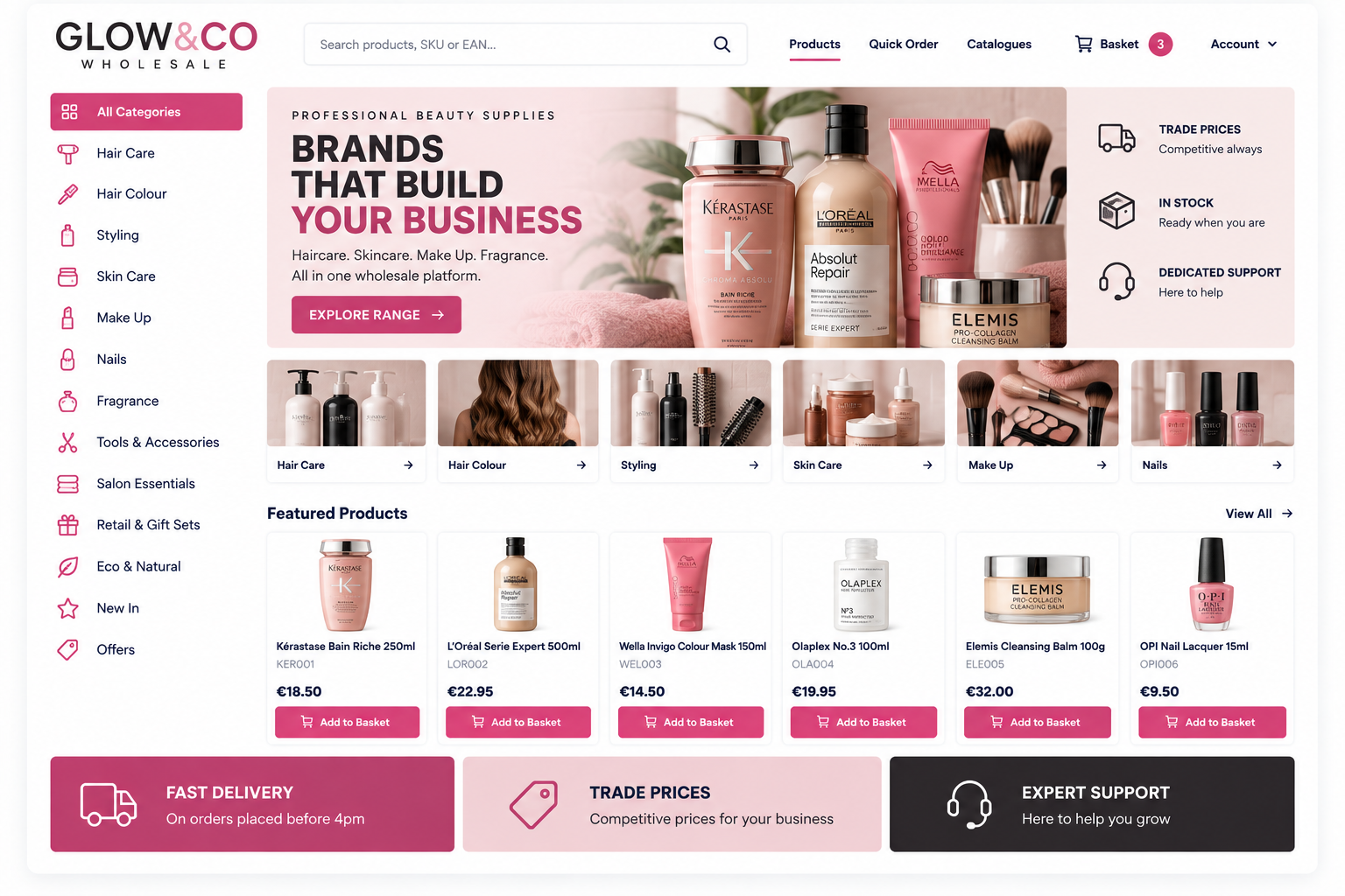 TradeFlow portal example for a beauty and haircare wholesaler — GLOW&CO